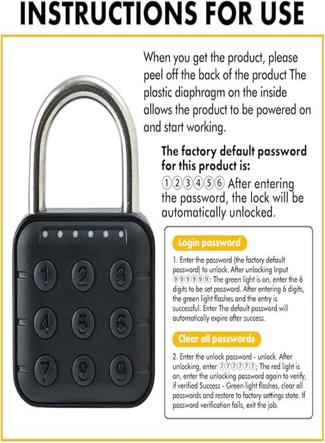 Jukusa 6 Digit Password Locker Lock Aluminum Alloy Code Digital Padlock, Push Button Safe Security Padlock, Combination Padlock for Gym and School Lockers(Black) - Image 3